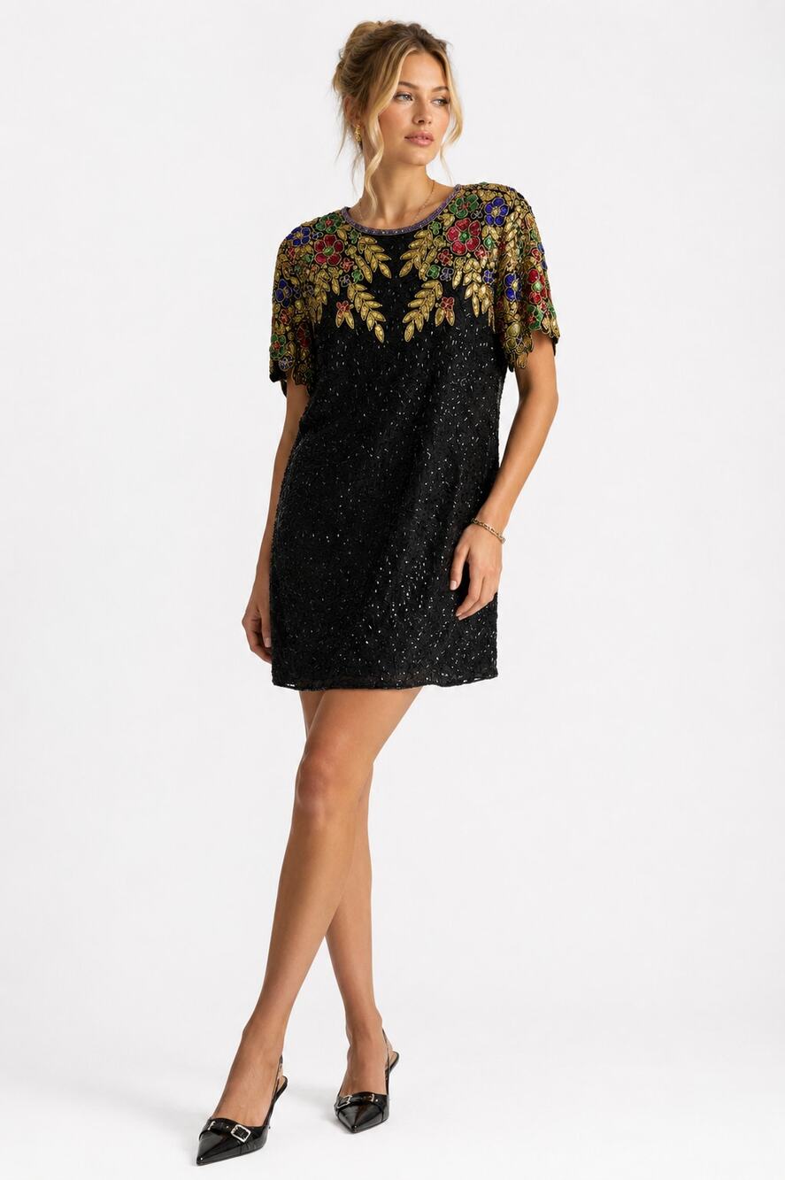 Vintage Stenay Black & Multicolor Beaded Sequined Mini Dress Womens 8 Silk 90s